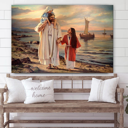 Walk With Me Canvas Wall Art - Jesus With Children Picture - Christian Wall Decor