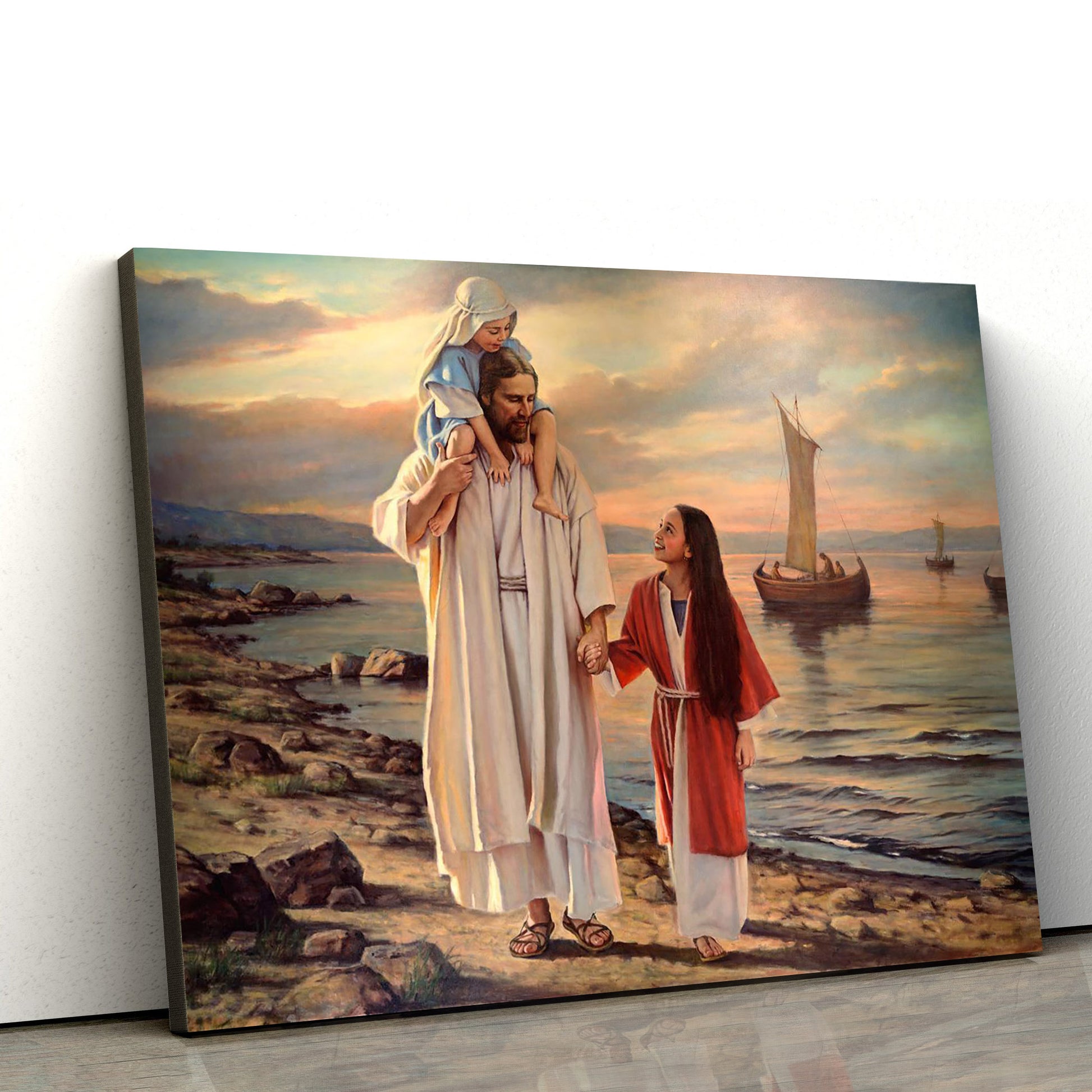 Walk With Me Canvas Wall Art - Jesus With Children Picture - Christian Wall Decor