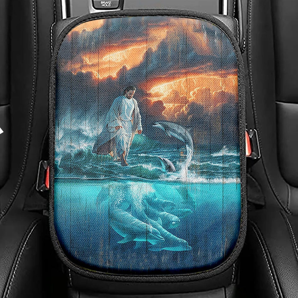 Walking On The Sea Beautiful Dolphin Seat Box Cover, Inspirational Car Center Console Cover, Christian Car Interior Accessories