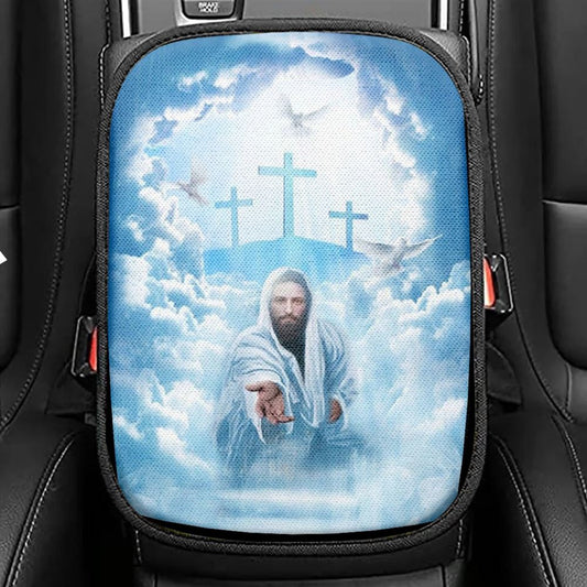 Walking With Jesus, Blue Sky, Beautiful Heaven Car Center Console Cover, Christian Armrest Seat Cover, Bible Seat Box Cover