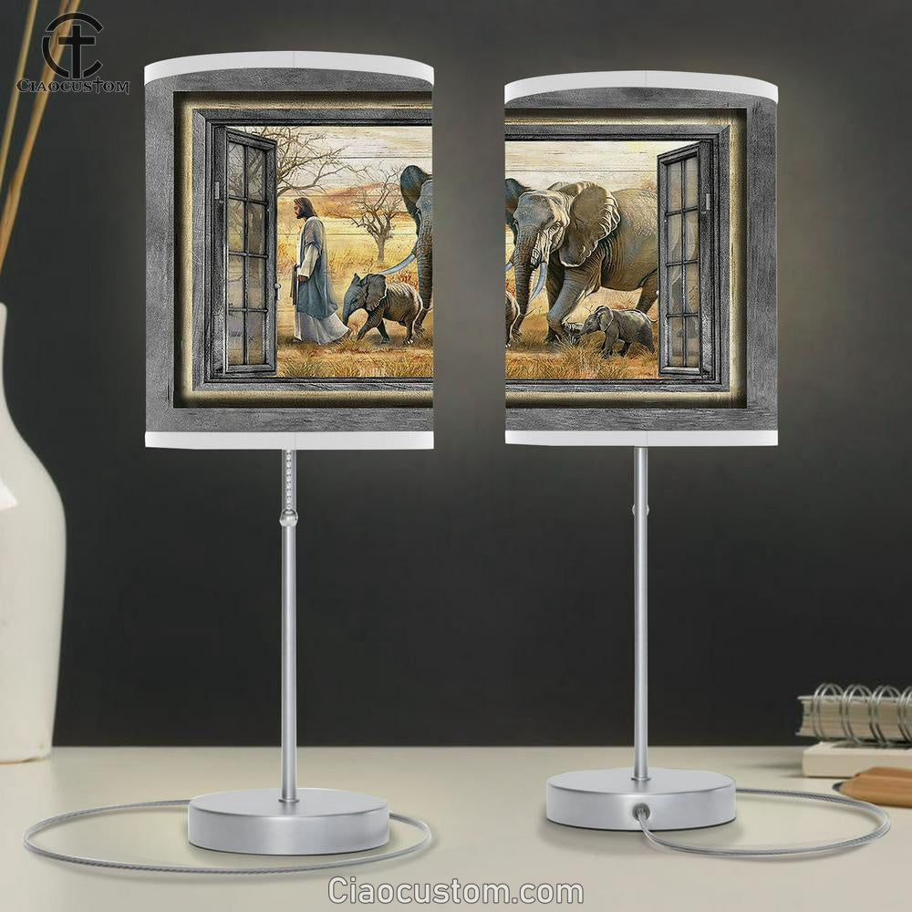 Walking With Jesus Elephant Yellow Meadow Table Lamp Art - Bible Verse Lamp Art - Room Decor Christian