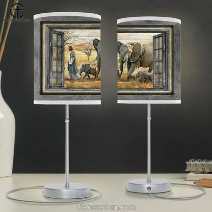Walking With Jesus Elephant Yellow Meadow Table Lamp Art - Bible Verse Lamp Art - Room Decor Christian