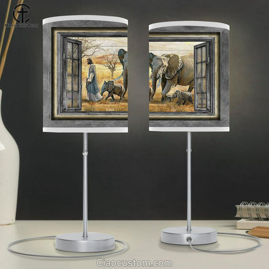 Walking With Jesus Elephant Yellow Meadow Table Lamp Art - Bible Verse Lamp Art - Room Decor Christian