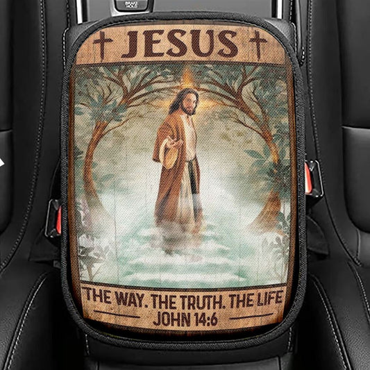 Walking With Jesus, Green Forest, Cross, The Way, The Truth, The Life Car Center Console Cover, Christian Armrest Seat Cover, Bible Seat Box Cover