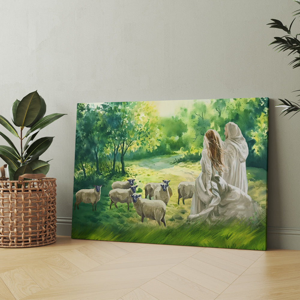 Walking With Jesus In The Garden Of The Canvas Lambs Canvas Wall Art