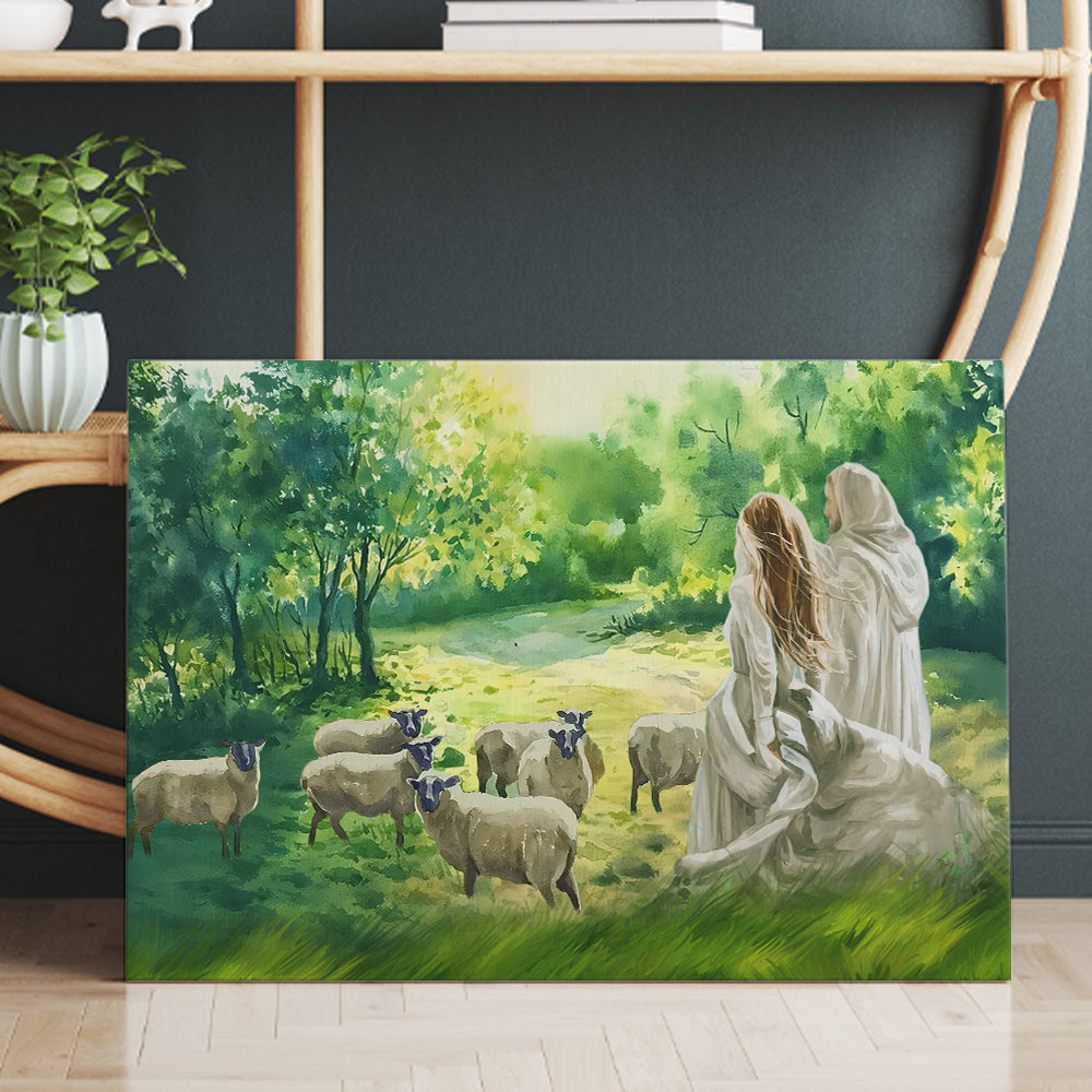 Walking With Jesus In The Garden Of The Canvas Lambs Canvas Wall Art