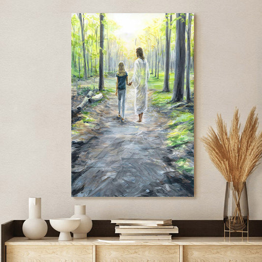 Walking With Jesus Painting Or Young Girl On Forest - Jesus Canvas Pictures - Christian Wall Art