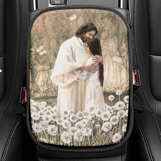 Walking With Jesus, Pretty Dandelion Field, The World In His Arm Car Center Console Cover, Christian Armrest Seat Cover, Bible Seat Box Cover