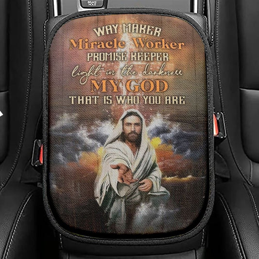 Walking With Jesus Stunning Storm Way Maker Miracle Worker Car Center Console Cover, Christian Armrest Seat Cover, Bible Seat Box Cover