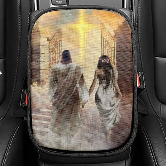 Walking With Jesus, The Way To Heaven, Cross, Beautiful Heaven Car Center Console Cover, Christian Armrest Seat Cover, Bible Seat Box Cover