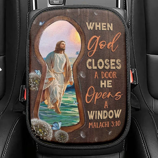 Walking With Jesus When God Closes A Door Car Center Console Cover, Christian Armrest Seat Cover, Bible Seat Box Cover