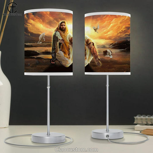 Walking With Jesus White Dove Sunset Table Lamp Art - Bible Verse Lamp Art - Room Decor Christian
