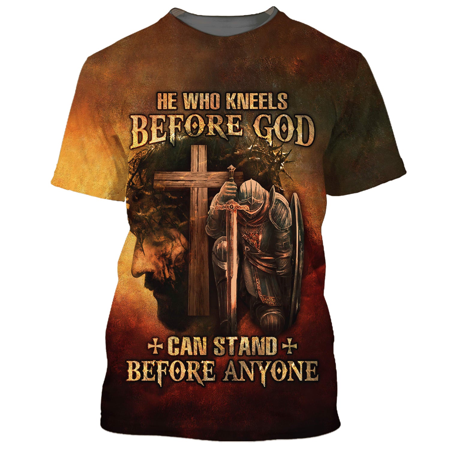 Warrior And Lion He Who Kneels Before God Can Stand Before Anyone 3d Shirts - Christian T Shirts For Men And Women