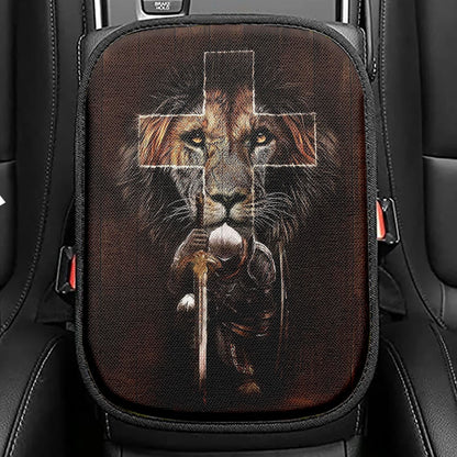 Warrior Black Lion Cross Seat Box Cover, Christian Car Center Console Cover, Bible Verse Car Interior Accessories