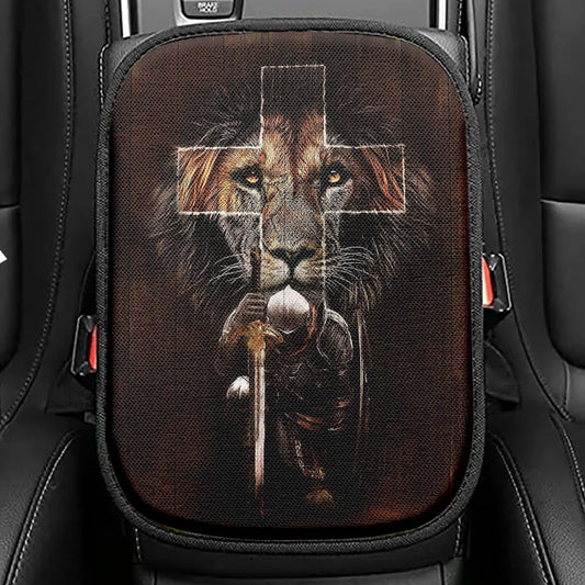 Warrior Black Lion Cross Seat Box Cover, Christian Car Center Console Cover, Bible Verse Car Interior Accessories
