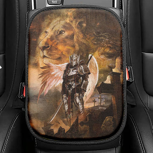 Warrior Jesus Lion Of Judah Cross Seat Box Cover, Christian Car Center Console Cover, Bible Verse Car Interior Accessories