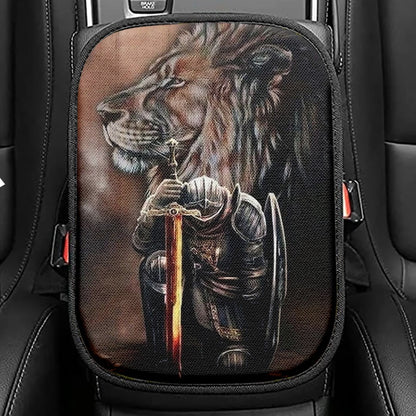 Warrior Knight Kneel And Lion Seat Box Cover, Christian Car Center Console Cover, Religious Car Interior Accessories