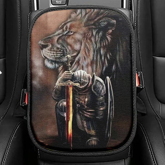 Warrior Knight Kneel And Lion Seat Box Cover, Christian Car Center Console Cover, Religious Car Interior Accessories