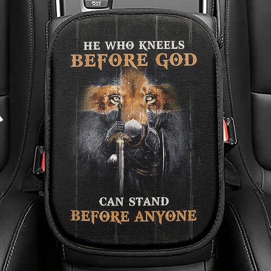 Warrior Lion Cross He Who Kneels Before God Can Stand Before Anyone Seat Box Cover, Bible Car Center Console Cover, Religious Car Interior Accessories