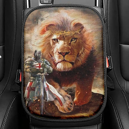 Warrior Of Christ And Lion Seat Box Cover, Christian Car Center Console Cover, Religious Car Interior Accessories