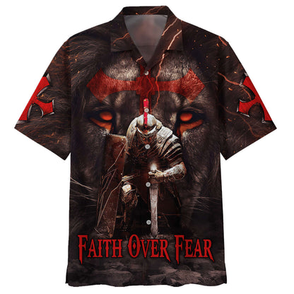 Warrior Of Christ Lion Cross Faith Over Fear Hawaiian Shirts - Christian Hawaiian Shirt - Hawaiian Shirts For Men