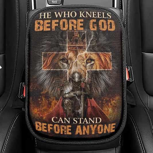 Warrior Of Christ, Lion Of Judah, He Who Kneels Before God Car Center Console Cover, Christian Armrest Seat Cover, Bible Seat Box Cover