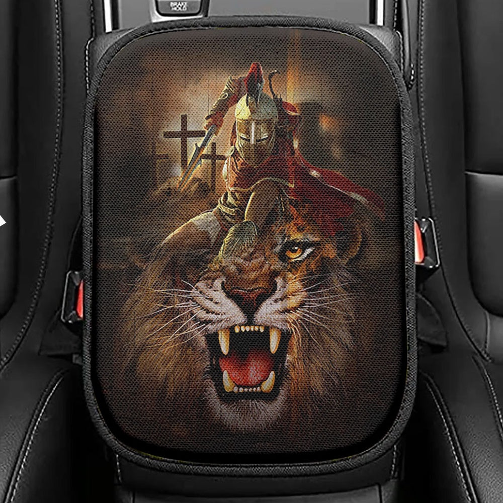 Warrior Of God Three Wooden Crosses Great Lion Of Judah Seat Box Cover, Inspirational Car Center Console Cover, Christian Car Interior Accessories