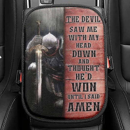 Warrior The Devil Thought He'd Won Until I Said Amen Seat Box Cover, Christian Car Center Console Cover, Bible Verse Car Interior Accessories