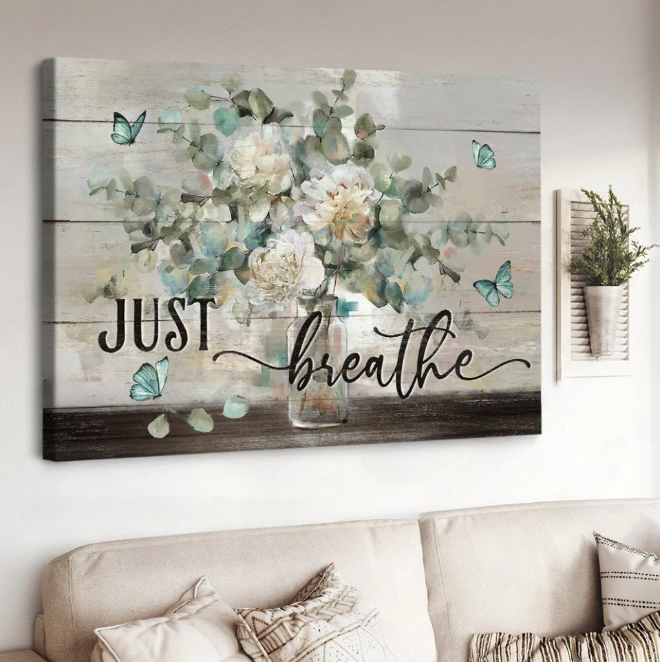 Watercolor Jasmine Blue Butterfly Just Breathe Canvas Wall Art - Christian Poster - Religious Wall Decor
