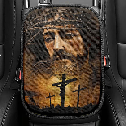 Watercolor Jesus Crown Of Thorn Jesus On The Cross Car Center Console Cover, Christian Armrest Seat Cover, Bible Seat Box Cover