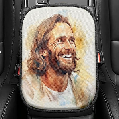 Watercolor Jesus Laughing Seat Box Cover, Jesus Car Center Console Cover, Christian Car Interior Accessories