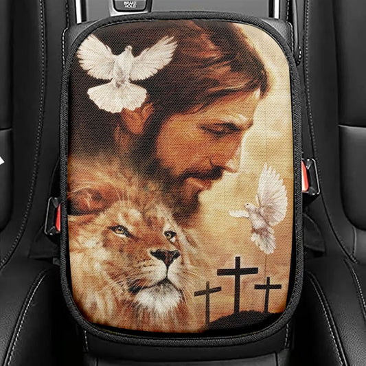 Watercolor Jesus Painting Lion Drawing Dove Car Center Console Cover, Christian Armrest Seat Cover, Bible Seat Box Cover