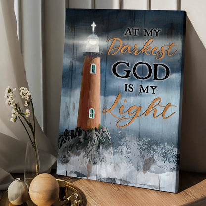 Watercolor Lighthouse Stunning Ocean At My Darkest God Is My Light Canvas Wall Art - Christian Wall Posters - Religious Wall Decor