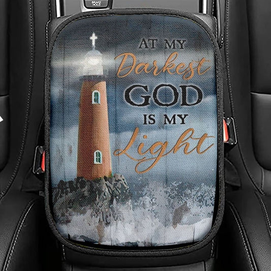 Watercolor Lighthouse, Stunning Ocean, At My Darkest God Is My Light Car Center Console Cover, Christian Armrest Seat Cover, Bible Seat Box Cover