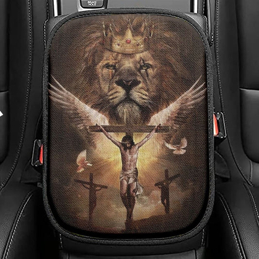Watercolor Lion Jesus On Cross Car Center Console Cover, Christian Armrest Seat Cover, Bible Seat Box Cover