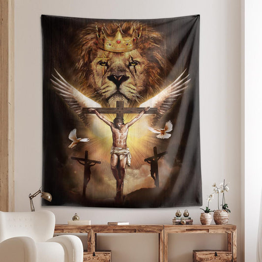 Watercolor Lion Jesus On The Cross Golden Crown White Dove Jesus Tapestry God Tapestry Christian Tapestry
