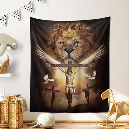 Watercolor Lion Jesus On The Cross Golden Crown White Dove Jesus Tapestry God Tapestry Christian Tapestry