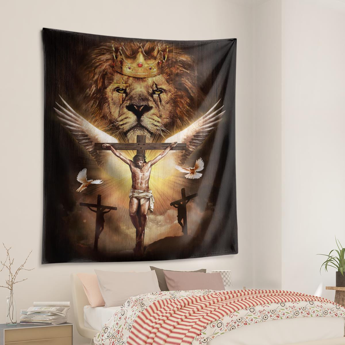 Watercolor Lion Jesus On The Cross Golden Crown White Dove Jesus Tapestry God Tapestry Christian Tapestry