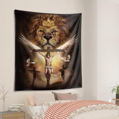 Watercolor Lion Jesus On The Cross Golden Crown White Dove Jesus Tapestry God Tapestry Christian Tapestry