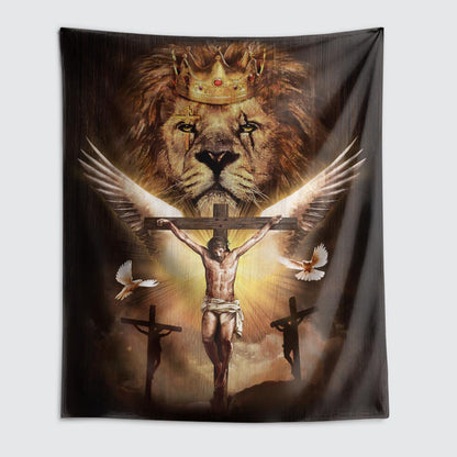 Watercolor Lion Jesus On The Cross Golden Crown White Dove Jesus Tapestry God Tapestry Christian Tapestry
