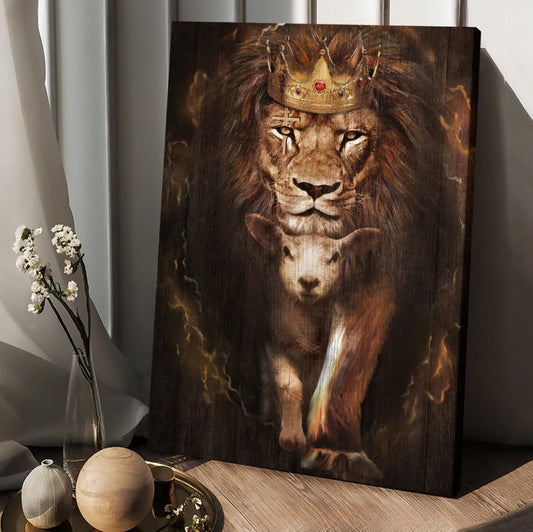 Watercolor Lion Lamb Of God Golden Crown Canvas Wall Art - Christian Wall Posters - Religious Wall Decor