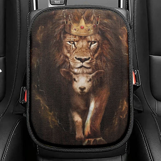 Watercolor Lion Lamb Of God Golden Crown Car Center Console Cover, Christian Armrest Seat Cover, Bible Seat Box Cover