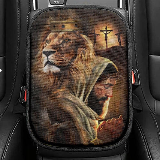 Watercolor Lion Pray With Jesus Jesus On The Cross Car Center Console Cover, Christian Armrest Seat Cover, Bible Seat Box Cover