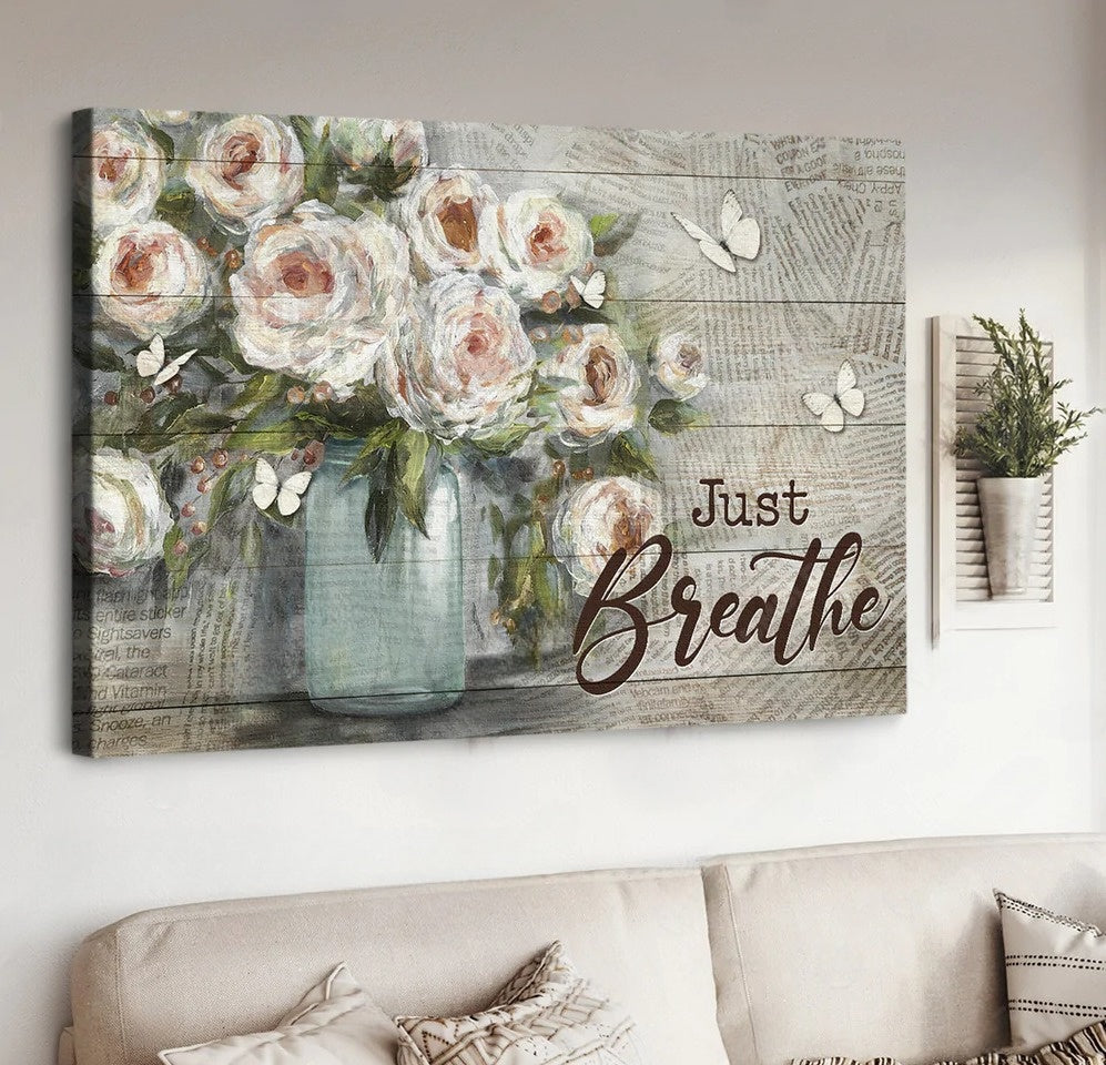 Watercolor Rose Newspaper Background Butterfly Just Breathe Canvas Wall Art - Christian Poster - Religious Wall Decor