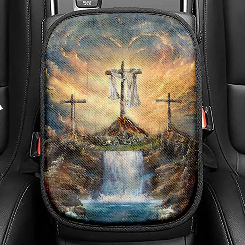 Waterfall Painting Light From Heaven The Three Crosses Seat Box Cover, Christian Car Center Console Cover, Bible Verse Car Interior Accessories