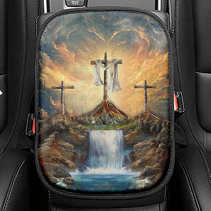 Waterfall Painting Light From Heaven The Three Crosses Seat Box Cover, Christian Car Center Console Cover, Bible Verse Car Interior Accessories
