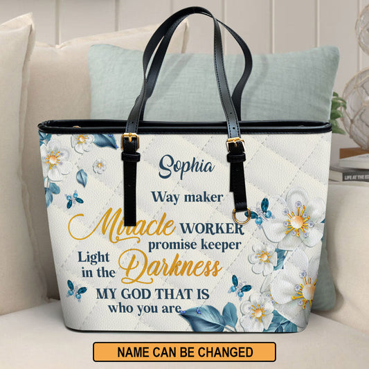 Way Maker And Miracle Worker Personalized Large Leather Tote Bag - Religious Gifts For Women Of God