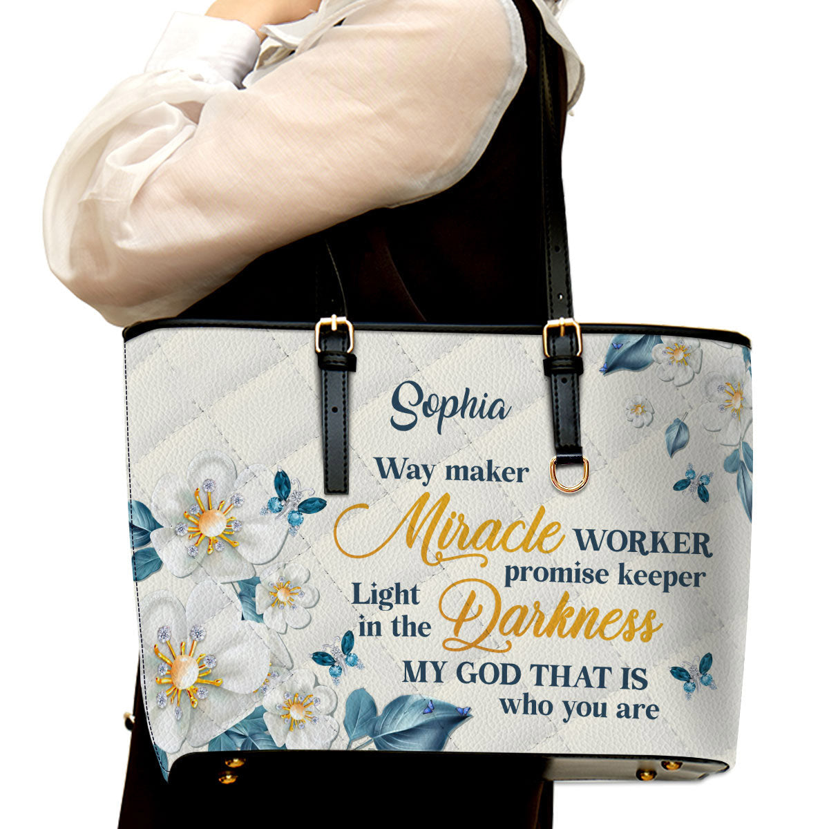 Way Maker And Miracle Worker Personalized Large Leather Tote Bag - Religious Gifts For Women Of God