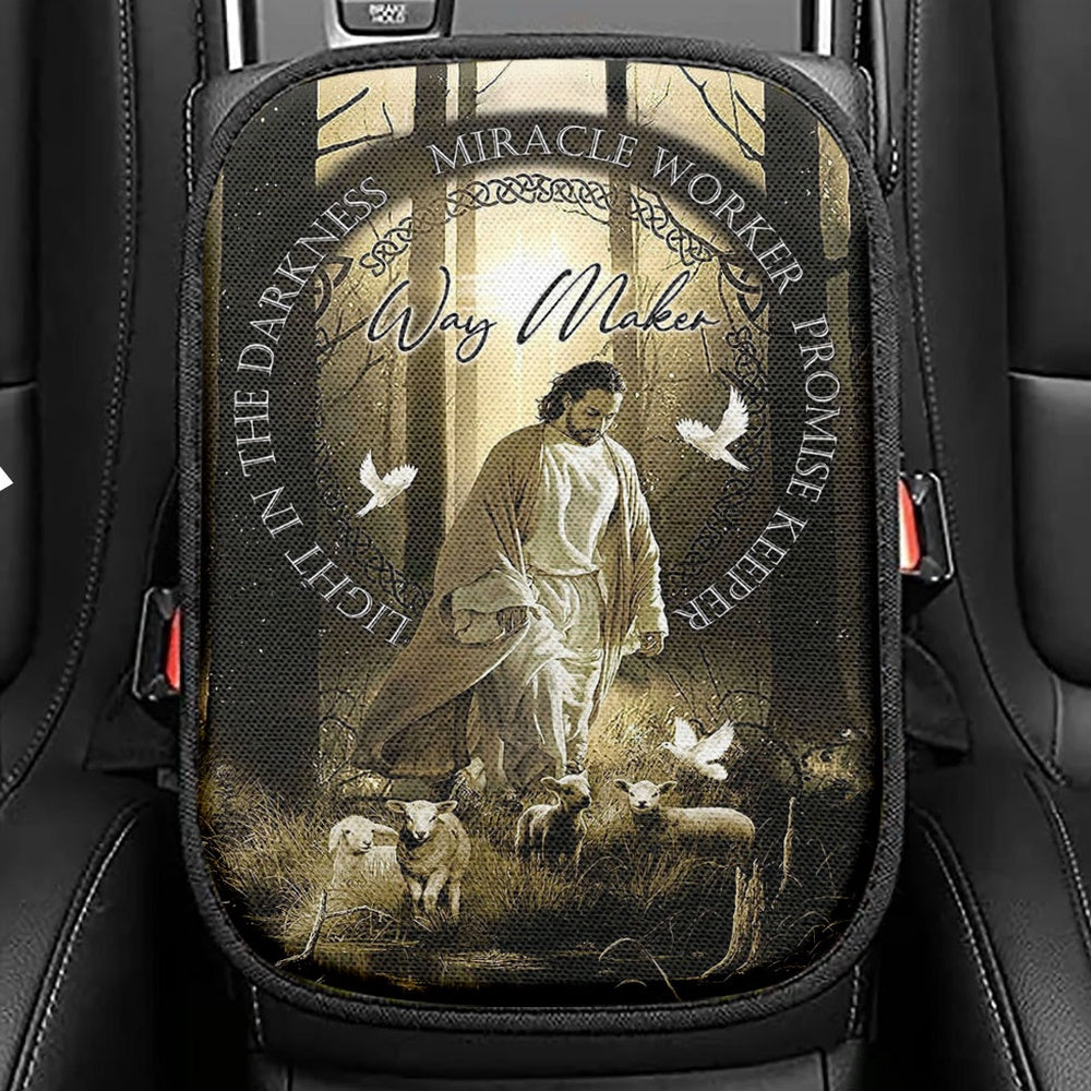 Way Maker Jesus & Lambs Seat Box Cover, Jesus Car Center Console Cover, Christian Car Interior Accessories