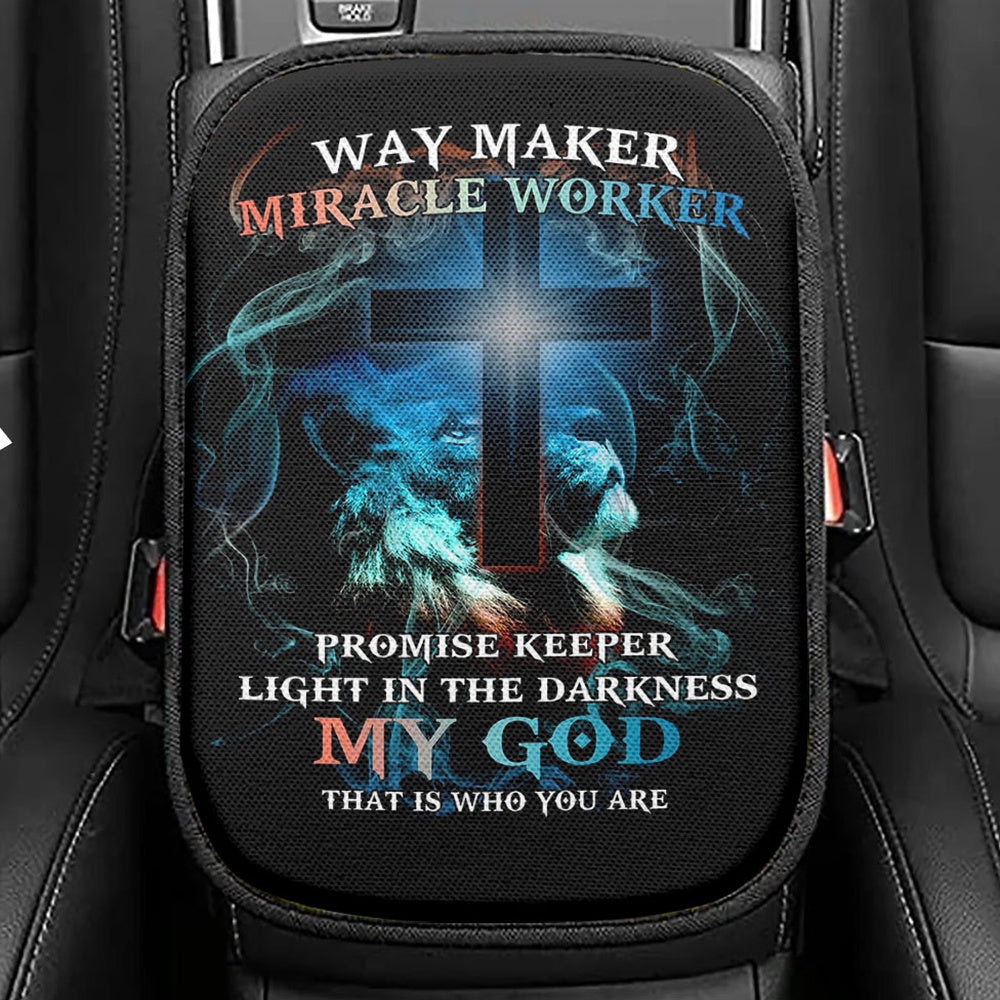Way Maker Miracle Worker Lion & Cross Seat Box Cover, Christian Car Center Console Cover, Religious Car Interior Accessories